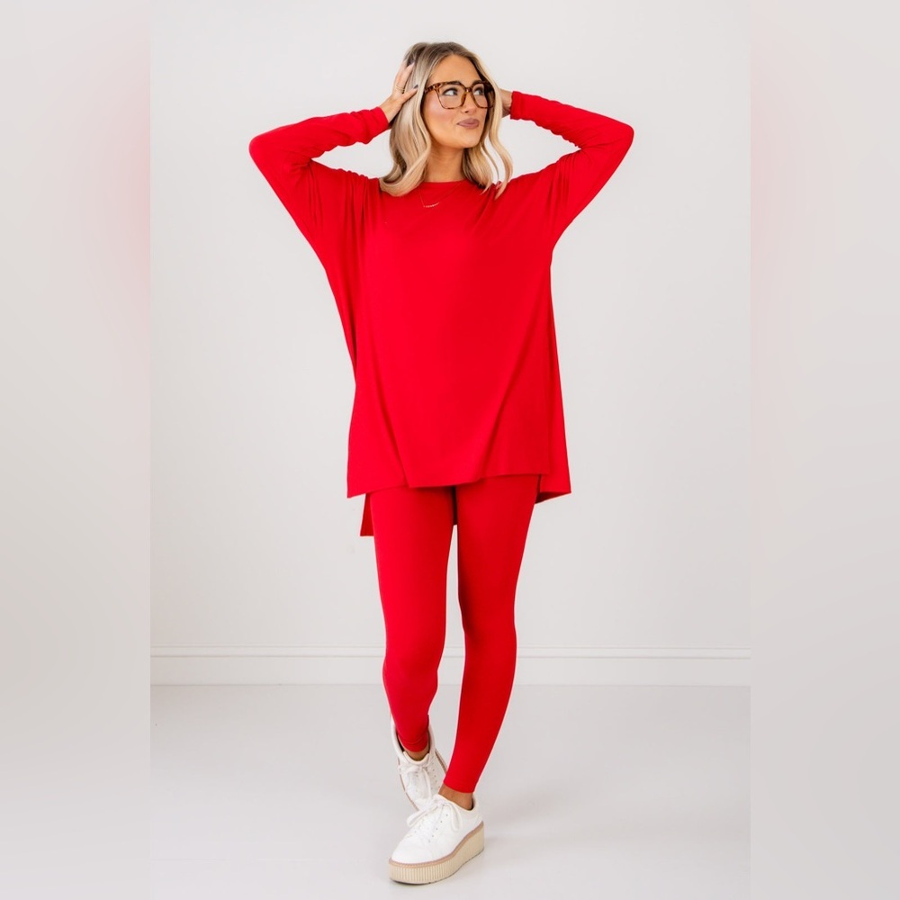 Zenana lounge all day crew long sleeve brushed microfiber set ruby small - Picture 4 of 6